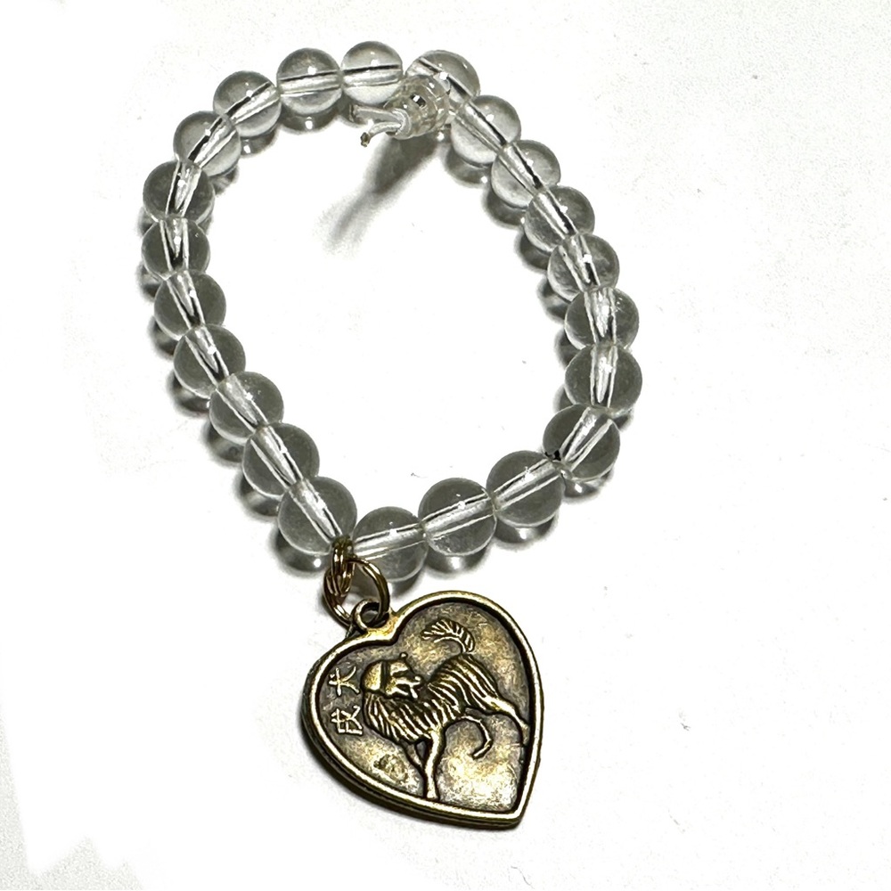 Chinese Horoscope Astrology Dog Charm Bracelet Clear Round Beads Stretch